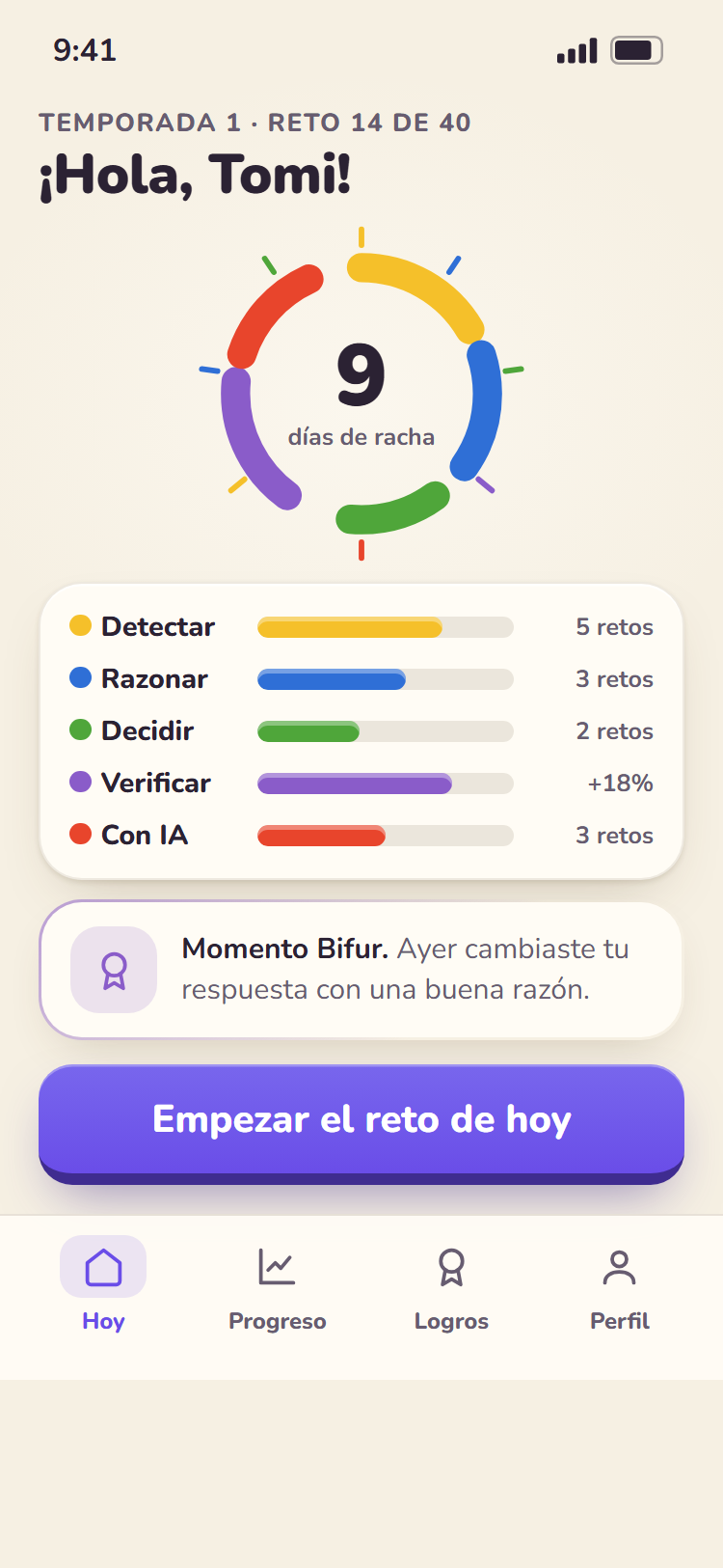 Pantalla de inicio de Bifur con la racha y los 5 músculos (ejemplo)