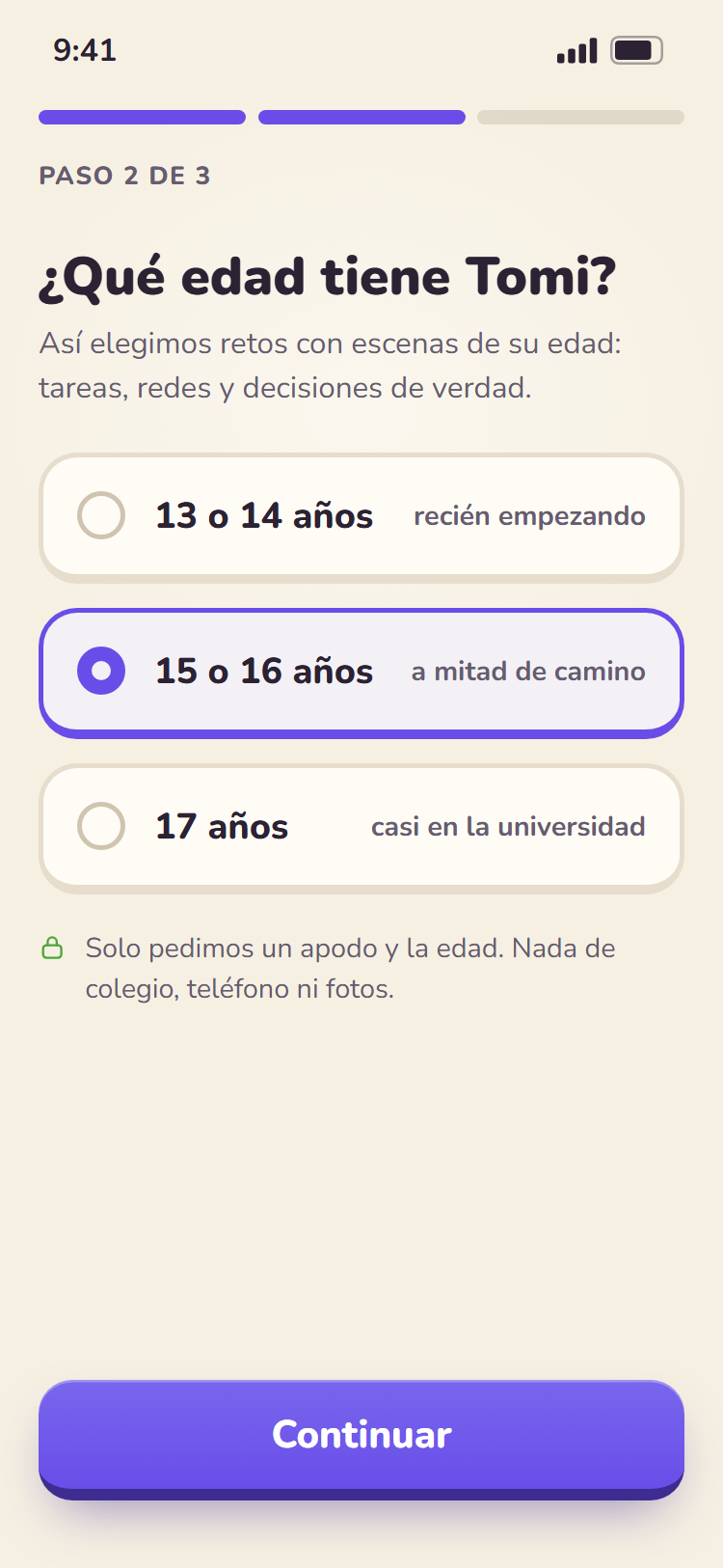 Primera pregunta al empezar: la edad del adolescente (ejemplo)
