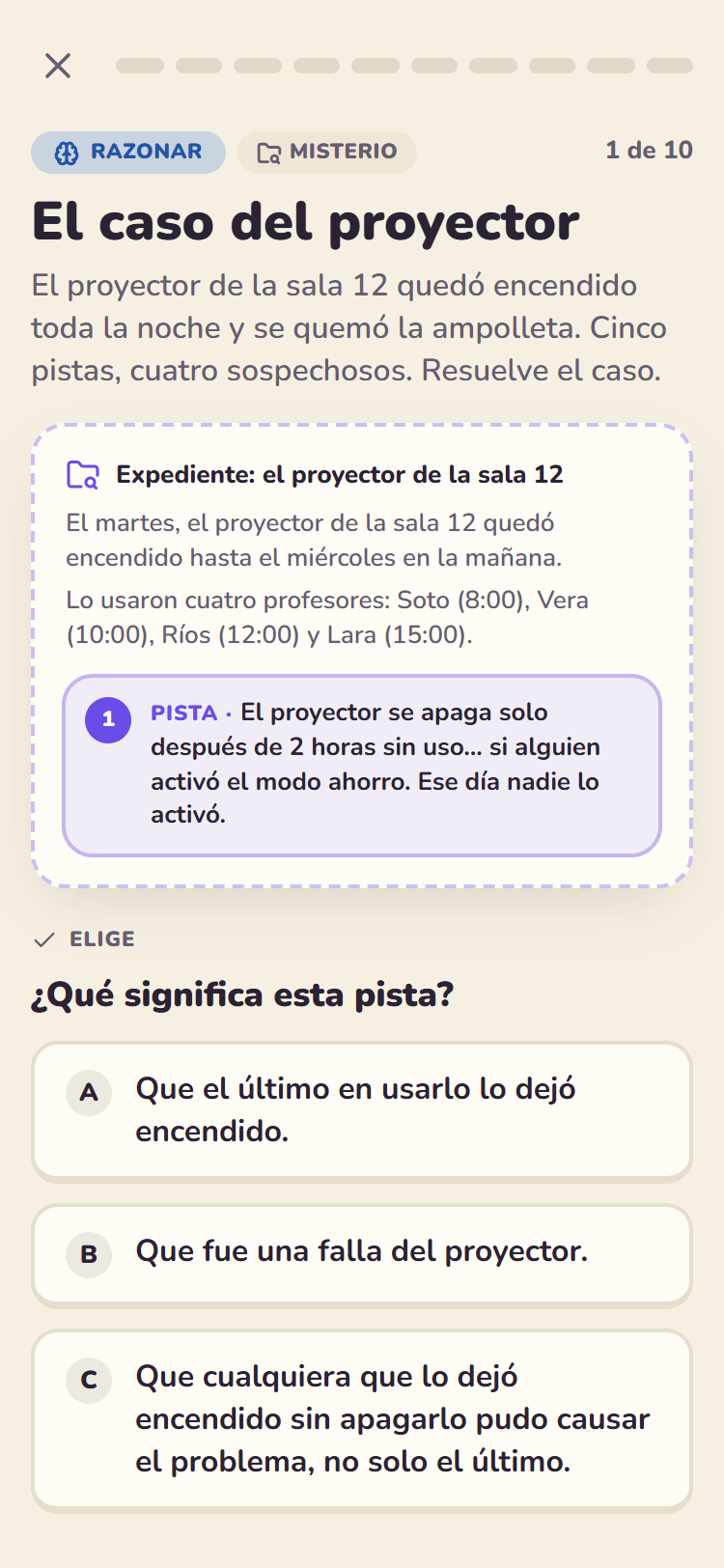 Reto de estilo Misterio: el expediente del proyector con su primera pista (ejemplo)
